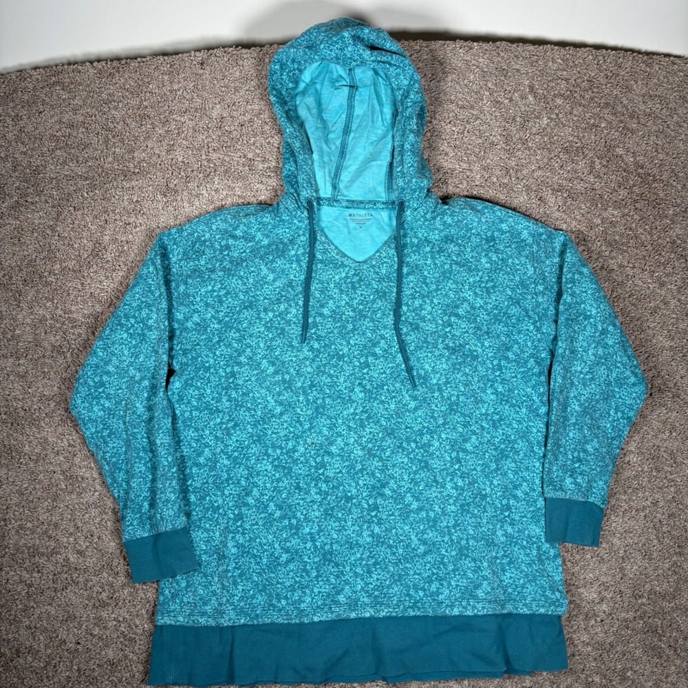 Athleta Sundown Alliance‎ Hoodie Teal Aqua Abstract Print V-Neck Size M 798708